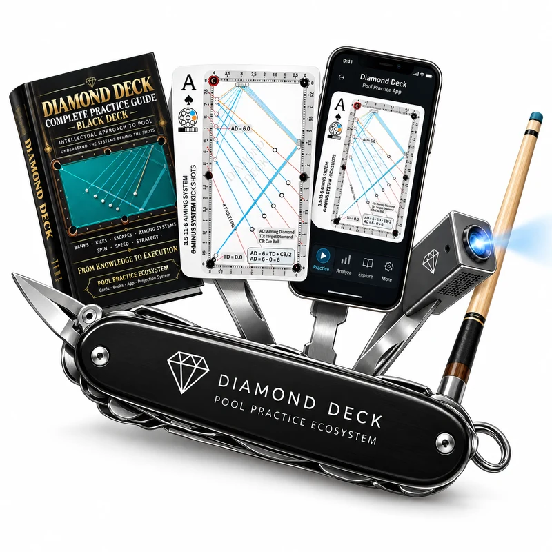 Black Diamond Deck multi-tool illustration combining the real practice guide, card, app, projector and cue.