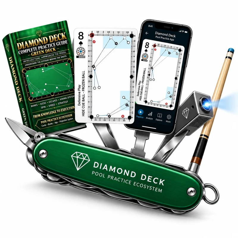 Green Diamond Deck multi-tool illustration combining the real practice guide, card, app, projector and cue.