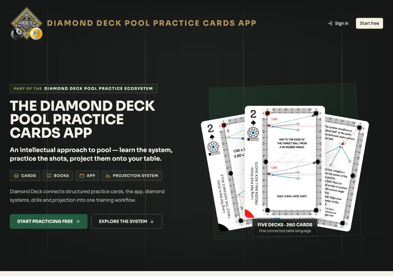 Actual signed-out Pool Practice Cards app homepage