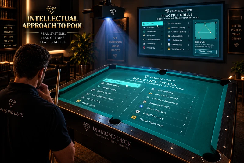 Diamond Deck Pool Table Projection System displaying selectable pool practice drills directly on a billiard table